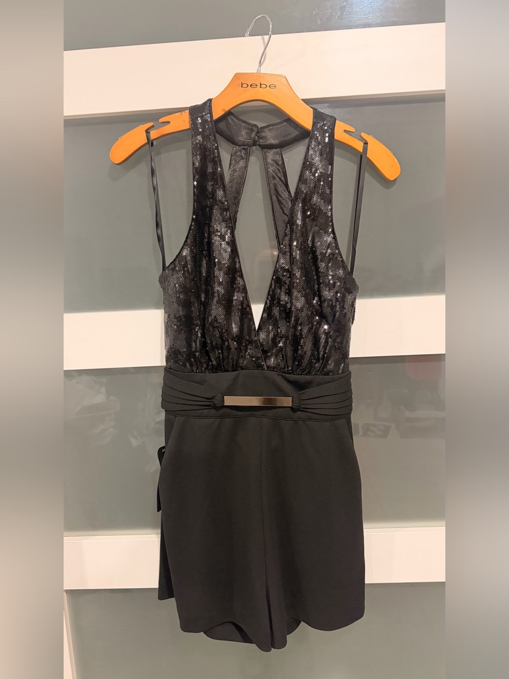 bebe Black Sequin Benson Romper with Metallic Waist Accent